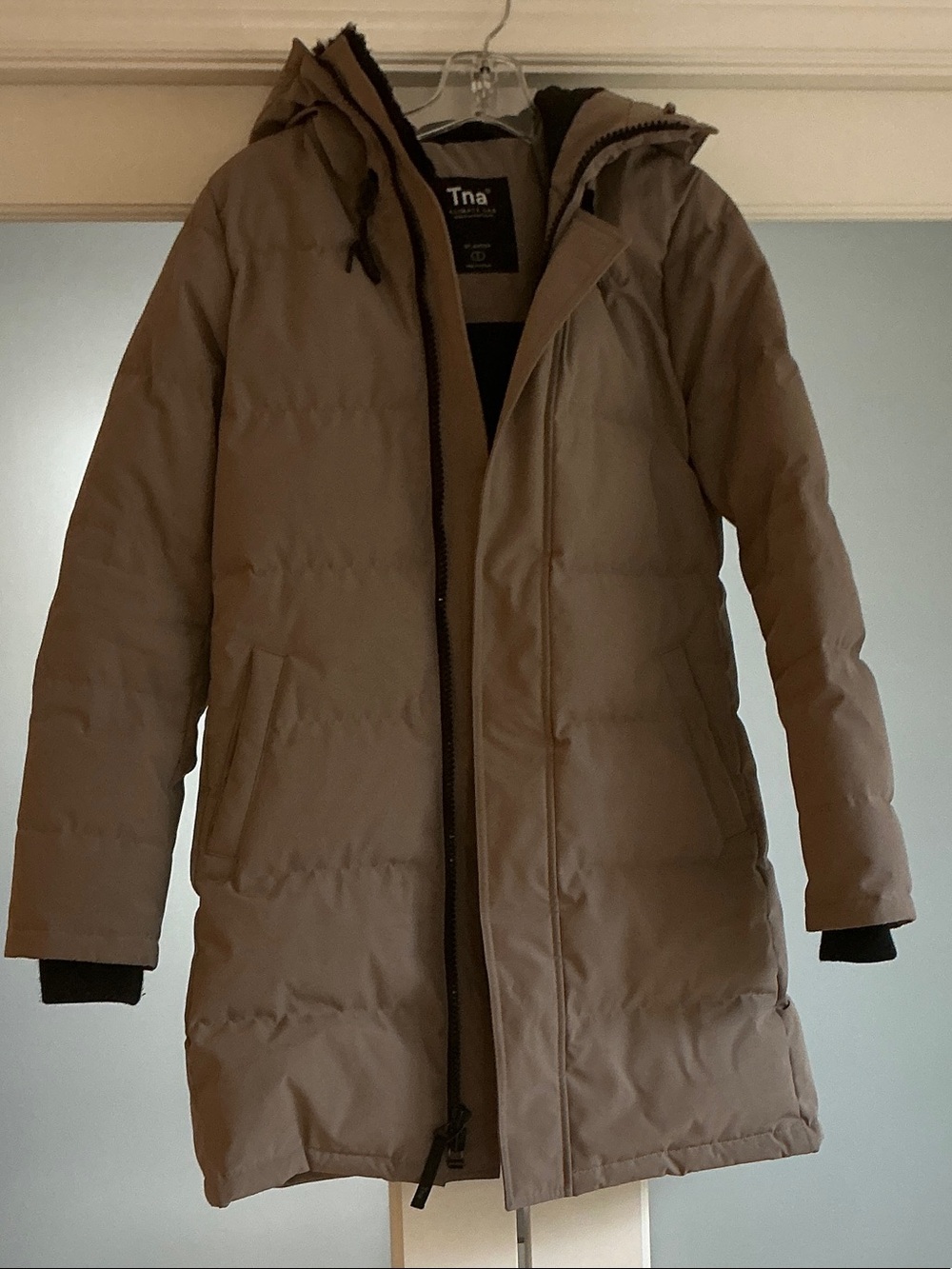 TNA Men's Taupe Long Puffer Jacket with Hood